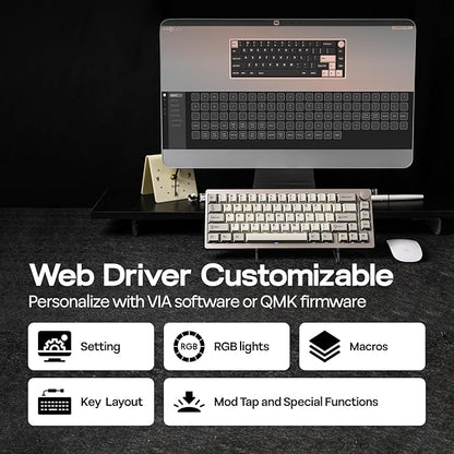EPOMAKER P65 QMK/VIA Wireless Aluminum Gaming Keyboard, Gasket-Mount, Bluetooth/2.4Ghz/USB(A to C), Hot Swappable, N-Key Rollover, for Mac/PC/PS/Xbox (Khaki, Wisteria Linear Switch)