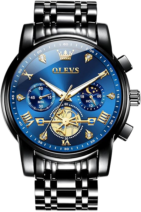 OLEVS Men Watches Stainless Steel Chronograph Watch, Large Wrist Analog Quartz Watch, Fashion Waterproof Diamond Roman Numerals Dress Watches for Men, Gold/Black/White/Blue/Grey Dial