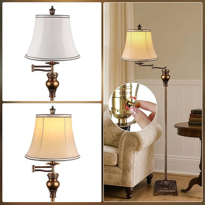PARTPHONER Vintage Floor Lamps for Living Room,Traditional 350° Adjustable Swing Arm Farmhouse Floor Lamp for Bedroom, Rustic Standing Lamp Pole Lamps for Reading, Home Décor and Office,Bronze Gold