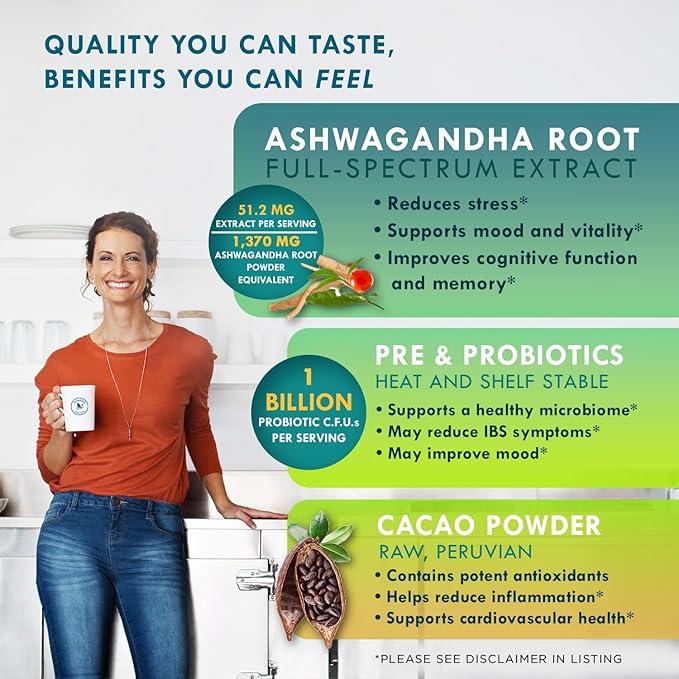 Chocolate Powder with Organic Ashwagandha Root Extract, Cacao Powder, Probiotics & Prebiotic Fiber. Smoothie Mix and Healthy Hot Chocolate. Everyday Bliss with Focus, Calm & Stress Support - 3 Pack