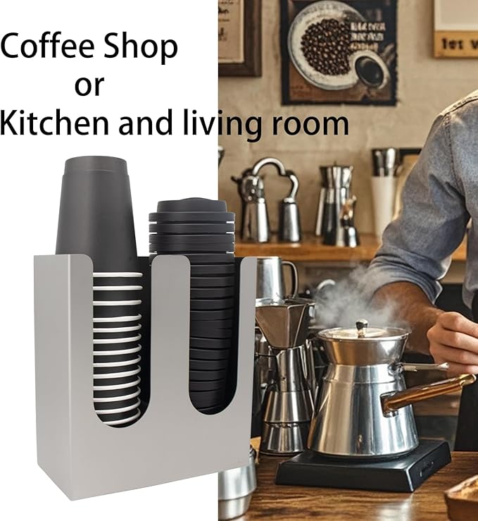 Coffee Cup and Lid Organizer Stainless Steel Sturdy Cup Dispenser Silver 2-Compartment Cup Rack No Need to Assemble Desktop Restaurant Kitchen for Convenient Storage