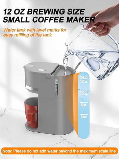 Single Serve Coffee Maker for K-Cup and Ground Coffee, Fast Brew, 6-12 oz Brew Sizes One Cup Coffee Machine Fits 5.5" Mugs, One-Button Small Coffee Maker with Descaling Reminder,Grey