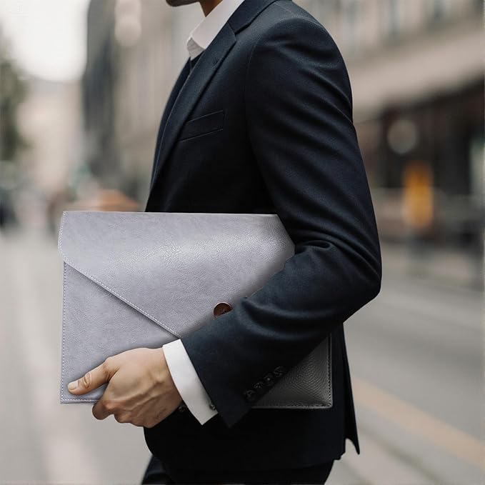 Men File Folder Organizer for Students, Mens Leather Padfolio for Office, Office A4 File Organizer Holder, Waterproof Portfolio Envelope Folder Case with Pen Holder, Mens Work Gift Colleagues - Grey