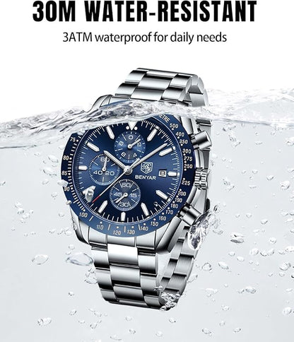 BY BENYAR Watch for Men Analog Quartz Chronograph Waterproof Luminous Designer Mens Wrist Watches Business Work Sport Casual Dress Watch with Silicone Strap Elegant Gifts for Men