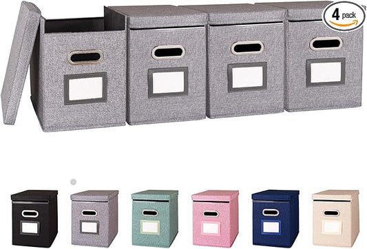 4 Pack Hanging File Folders Organizer with Lid, Letter Size Fabric File Storage Box Collapsible, Portable Office Document Holder with Metal Handle, Smooth PVC Rails, Gray