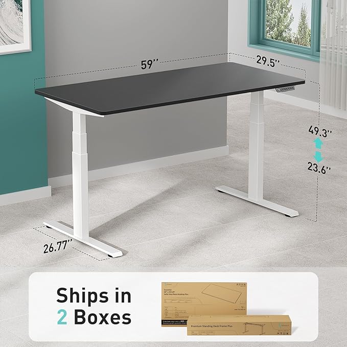 Pro 3 Stages Dual Motor 59 x 30 in Electric Standing Desk with One Piece Desktop, Adjustable Height, Sit to Stand Up Desk for Home Office, Work Study, White Frame & Black Desktop (2 Packages)