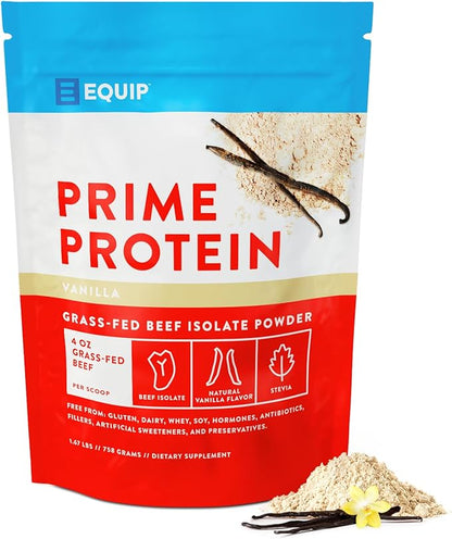 Equip Foods Prime Protein Powder | Clean, Grass Fed Beef Protein Powder | Carnivore Protein Isolate | Paleo, Keto Friendly | Gluten & Dairy Free | Helps Build & Repair Tissue | 30 Servings, Vanilla
