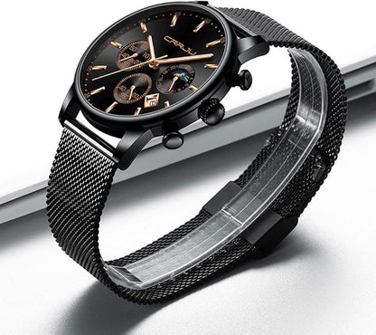 CRRJU Men's Fashion Casual Watches Auto Date Chronograph Watch Men Nice Work Watches Waterproof 30M Full Steel Quartz with Mesh Strap