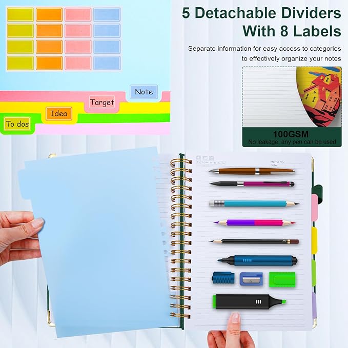 Hardcover Spiral Notebook 6.2"x 8.2" Journal Notebook with Tabs and Removable Dividers 300 Pages 5 Subject Notebook College Ruled, Faux Leather Spiral Bound Notebook for Women School Work(Green)