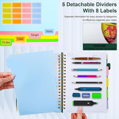 Hardcover Spiral Notebook 6.2"x 8.2" Journal Notebook with Tabs and Removable Dividers 300 Pages 5 Subject Notebook College Ruled, Faux Leather Spiral Bound Notebook for Women School Work(Green)