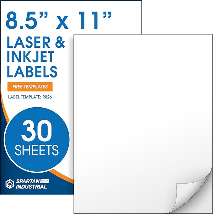 8.5" X 11" Full-Sheet Printable Labels Compatible with Inkjet and Laser Printers - 30 Sheets, 30 Matte White Paper Stickers for Shipping, Mailing, and DIY Projects - Spartan Industrial Template R026