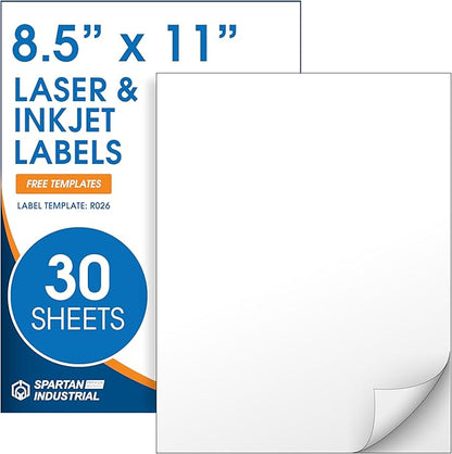8.5" X 11" Full-Sheet Printable Labels Compatible with Inkjet and Laser Printers - 30 Sheets, 30 Matte White Paper Stickers for Shipping, Mailing, and DIY Projects - Spartan Industrial Template R026