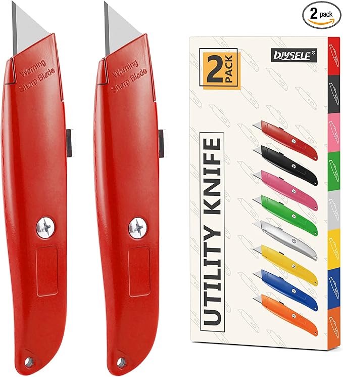 DIYSELF 2Pack Utility Knife Box Cutter Retractable Razor Blade Heavy Duty Box Cutters Knife PVC Pipe Cutter (Red)