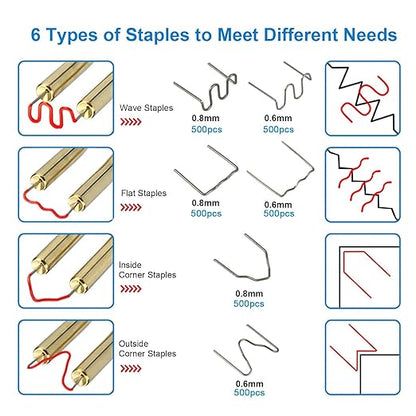 3000PCS Hot Staple Plastic Welder Staples Kit,6 Types Automotive Plastic Repair Welding Staples for All Cars Furniture Toy Maintenance, 0.6 0.8 mm Auto Bumper Repair Welding Rod