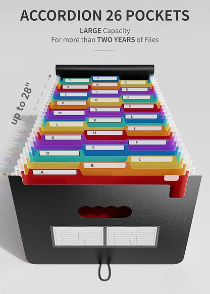 ABC life 26 Pockets Accordion File Organizer/Expanding File Folder A4 Letter Size Expandable Filling Box/Plastic Accordian Document Paper Coupon Bill Receipt Organiser, A-Z Alphabetical Colored Tabs