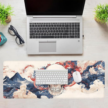 Japanese Skull Desk Mat Watercolor Wave Ocean Art Extended Gaming Mouse Pad Mat with Stitched Edge Non-Slip Base Big Mousepad 31.5"x11.8"