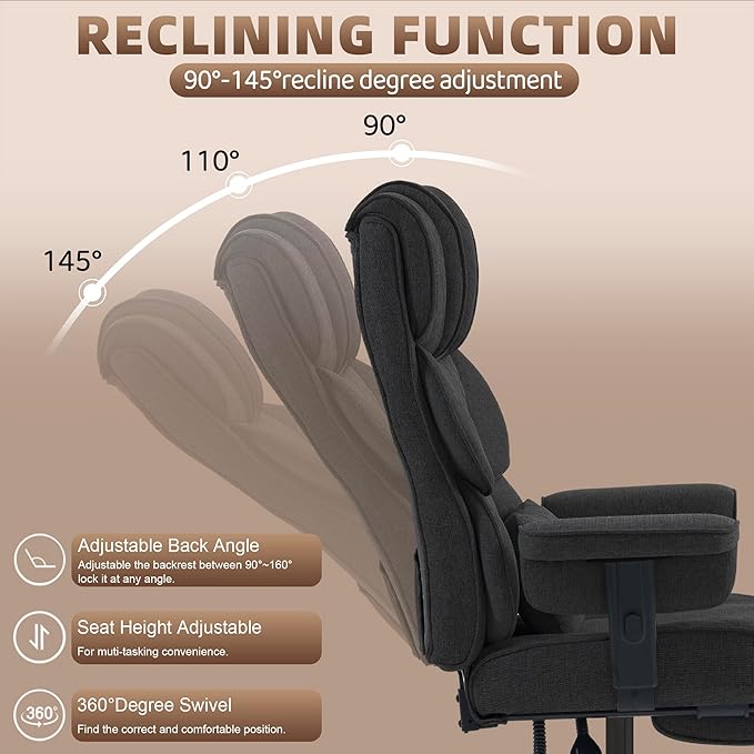 Vonesse Big and Tall Office Chair, Computer Chair with Soft Adjustable Armrests, Ergonomic Gaming Chair with Breathable Linen Design, Executive Chairs with Footrest (Linen Fabric,Black)