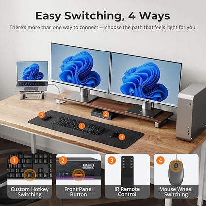 TESmart Thunderbolt 4 KVM Switch 2 Monitors 2 Computers 4K@60Hz, HDMI+DisplayPort KVM Switch Dual Monitor for 1 Laptop (TB4 USB C w/Charging 60W) & 1 Desktop (HDMI 2.0 & DP1.2), Gigabit Network, EDID