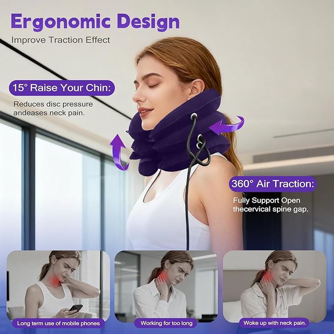 Neck Stretcher,Inflatable Cervical Traction Neck Device,Neck Relief Tool,Adjustable Cervical Brace,Home Use Neck Decompression (Purple)