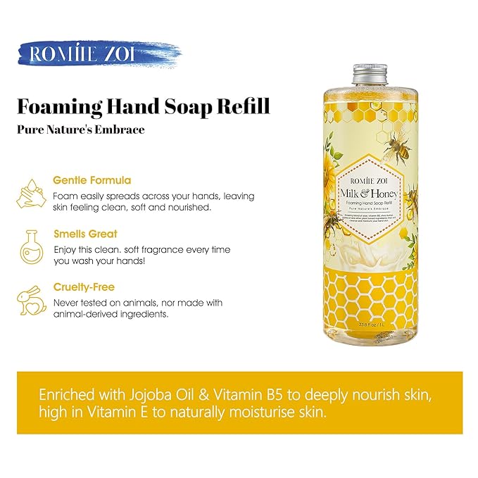 ROMIIE ZOI Foaming Hand Soap Refill, Milk & Honey, Gentle & Moisturizing Formula, 1 L/ 33.8 FL OZ
