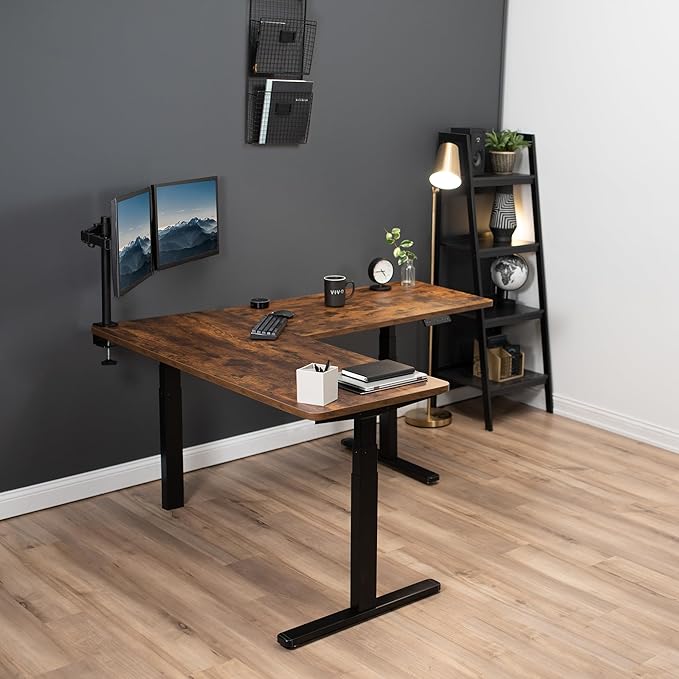 VIVO Electric Height Adjustable 67 x 60 inch Corner Stand Up Desk, 2 Rustic Vintage Brown Solid Table Tops, Black Frame, Memory Controller, L-Shaped Workstation, 3E Series, DESK-KIT-3E6N