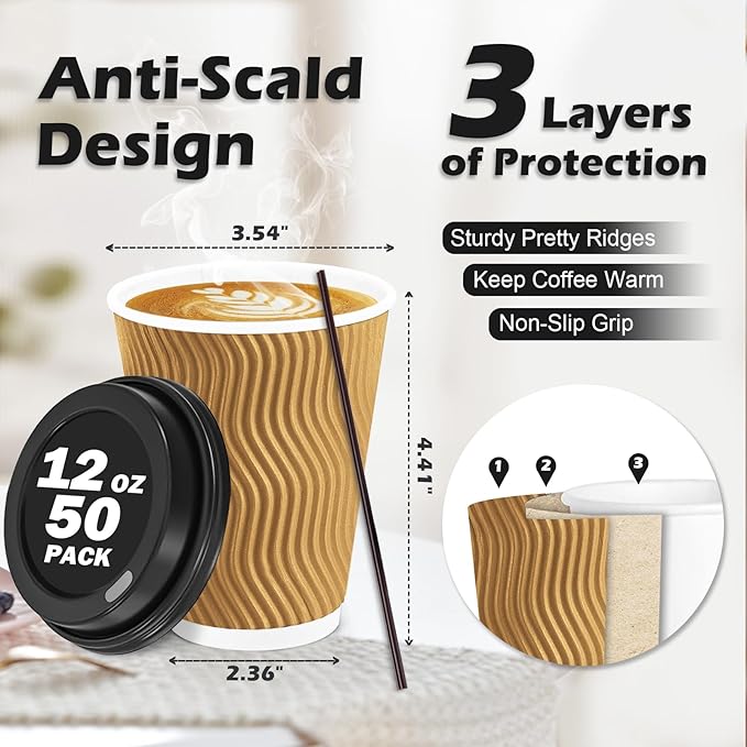 Lamosi 12 oz Disposable Coffee Cups with Lids, 50 Pack Insulated Hot Cups To Go Paper Coffee Cups with Lids and Straws, Corrugated Ripple Wall Cup for Hot Drink, Office, Coffee Bar (Champagne)