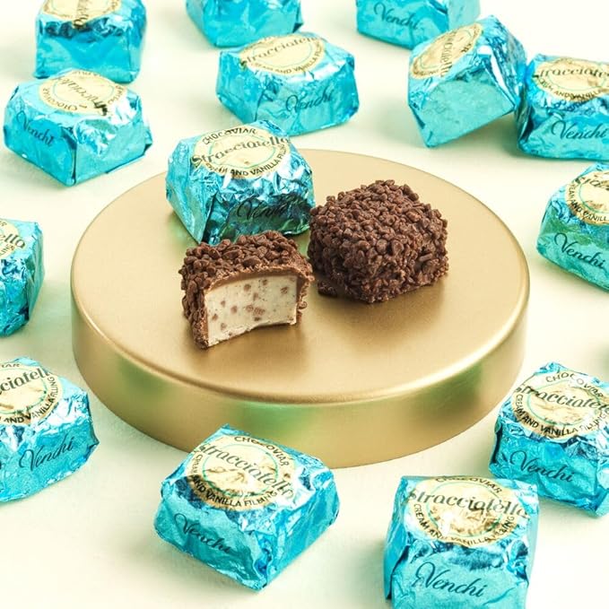Venchi Chocoviar Stracciatella Chocolate 15-Piece Elegant Gift Box - Milk Chocolate Shell, Creamy Cocoa Nibs and Vanilla Beans Filling & Topped With Chocoviar Micro-pearls - Preservative & Gluten Free