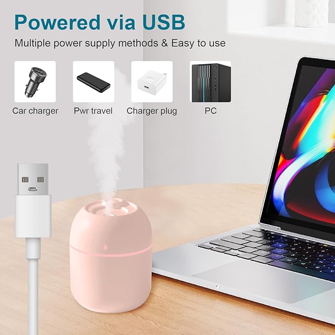 Portable Small Humidifier, USB Personal Desktop Humidifier for Car, Office Room, Bedroom, Auto Shut-Off, 2 Mist Modes, Super Quiet(220ml, Pink)