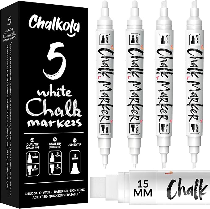 Chalkola 5 White Chalk Markers - Dual tip, Fine & Jumbo Tip (1mm, 3mm, 5mm, 15mm) | Erasable Liquid Chalk Pens for Blackboard, Chalkboard Signs, Car Window, Bistro, Glass | Washable Chalkboard Markers
