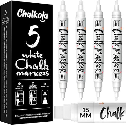 Chalkola 5 White Chalk Markers - Dual tip, Fine & Jumbo Tip (1mm, 3mm, 5mm, 15mm) | Erasable Liquid Chalk Pens for Blackboard, Chalkboard Signs, Car Window, Bistro, Glass | Washable Chalkboard Markers
