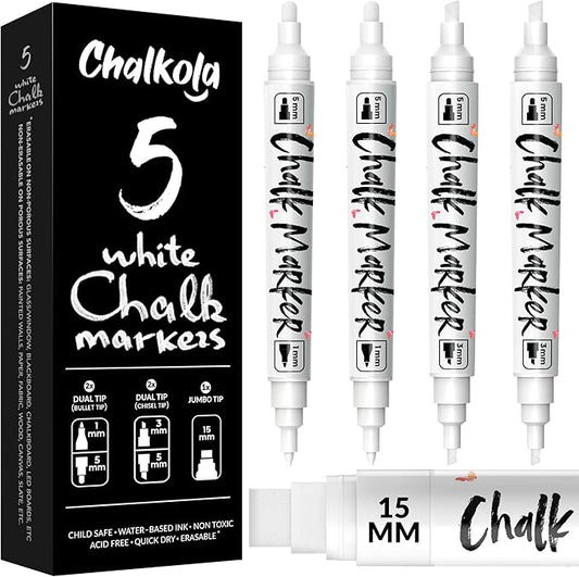 Chalkola 5 White Chalk Markers - Dual tip, Fine & Jumbo Tip (1mm, 3mm, 5mm, 15mm) | Erasable Liquid Chalk Pens for Blackboard, Chalkboard Signs, Car Window, Bistro, Glass | Washable Chalkboard Markers
