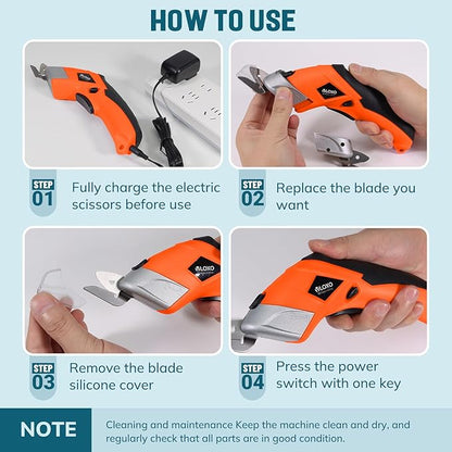 VLOXO Cordless Electric Scissors, Cardboard Cutter Electric Fabric Scissors Box Cutter with Blades Rechargeable Powerful Fabric Cutter for Crafts Leather Carboard Carpet Plastic Felt with Case Orange