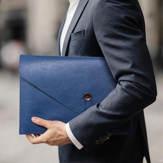 Men PU Leather File Folder for Documents, Organizer File Document Folder with String Tie, Laptop Sleeve Notebook Case, A4 Envelopes Leather Filing Folder Organizer for Men Women - Blue