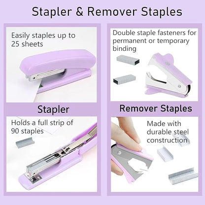 Purple Desk Accessories, Pink Office Supplies Set with Stapler, Tape Dispenser, Staple Remover, Pen Holder, Scissor, Binder/Paper Clips, Ballpoint Pen, Clear Tape and 1000pcs Staples