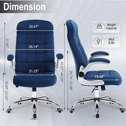 Fabric Office Chair, Velvet High Back Executive Desk Chair with Flip-Up Arms, Ergonomic Office Chairs with Lumbar Support, Upholstered Home Computer Chair with Wheels,Blue