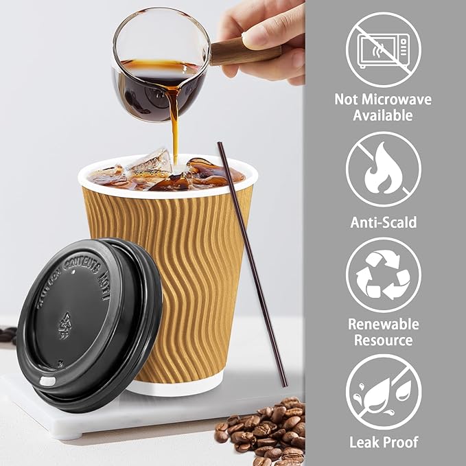 Lamosi 12 oz Disposable Coffee Cups with Lids, 50 Pack Insulated Hot Cups To Go Paper Coffee Cups with Lids and Straws, Corrugated Ripple Wall Cup for Hot Drink, Office, Coffee Bar (Champagne)