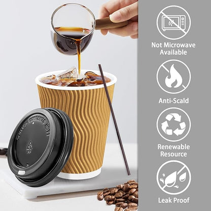 Lamosi 12 oz Disposable Coffee Cups with Lids, 50 Pack Insulated Hot Cups To Go Paper Coffee Cups with Lids and Straws, Corrugated Ripple Wall Cup for Hot Drink, Office, Coffee Bar (Champagne)