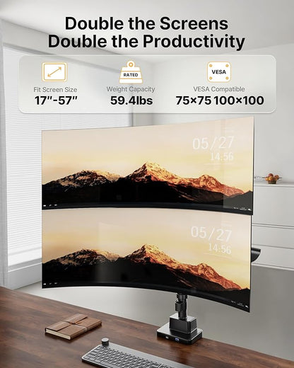 monTEK Sleek Aluminum Monitor Arm for 17–57” Ultrawide Screens up to 59 lbs, USB 3.0 A/C, Heavy Duty Dual Monitor Arm Desk Mount, Pneumatic Lift, Quick-Release Plate, Clamp/Grommet, Max VESA 100x100