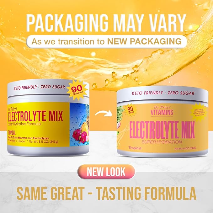 Dr. Price’s Electrolytes Powder Bulk | Tropical 90 Servings | Sugar Free Hydration Powder with 72+ Trace Minerals | Keto, Vegan, Electrolyte Drink Mix | Doctor-Formulated, Made in USA