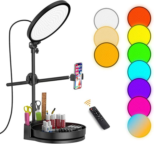 Selfie Light Kit for Desk and Laptop,55W Dimmable Full Screen Ring Light,with Rotating Storage Box,Pen Holder Stand,Phone Holder and Controller (Black-RGB, 10.5)