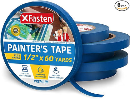 XFasten Professional Blue Painters Tape, Multi-Use, 1/2-Inch by 60-Yard, Pack of 6, Blue Tape Bulk - Sharp Edge Line Technology, Produces Sharp Lines | Residue-Free and Artisan Grade Wall Trim Tape