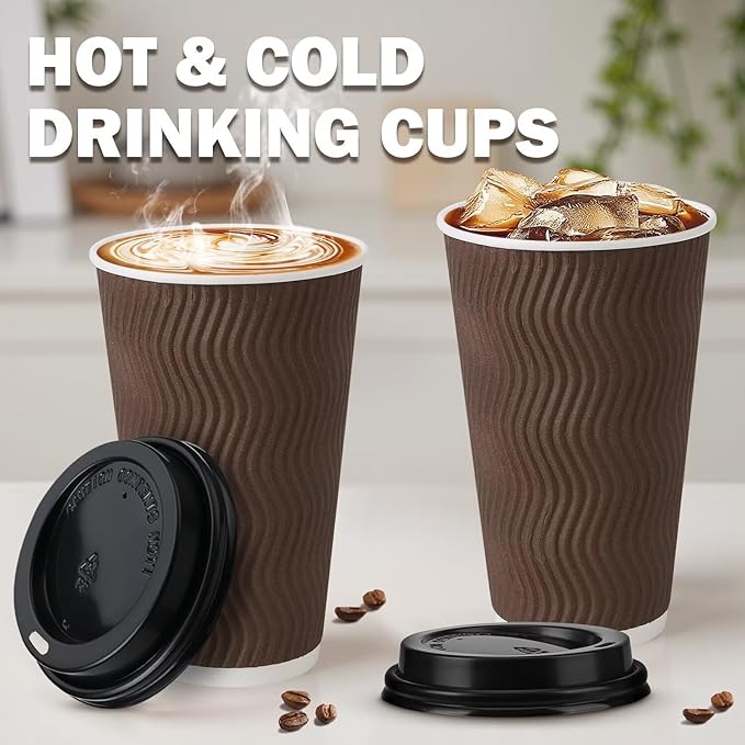 16 oz Coffee Cups with Lids 50 Pack, Disposable Coffee Cups with Lids, Insulated To Go Paper Coffee Cup for Hot Cold Drinks