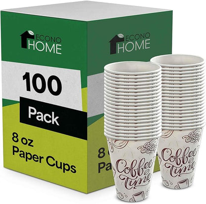 EconoHome 8 oz 100 Pack Disposable Coffee Paper Cups - Paper Cups for Hot and Cold Drinks, Tea, Water, and Juice