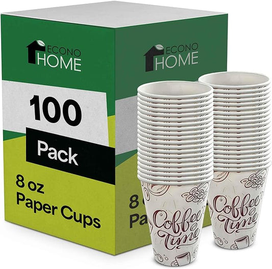 EconoHome 8 oz 100 Pack Disposable Coffee Paper Cups - Paper Cups for Hot and Cold Drinks, Tea, Water, and Juice