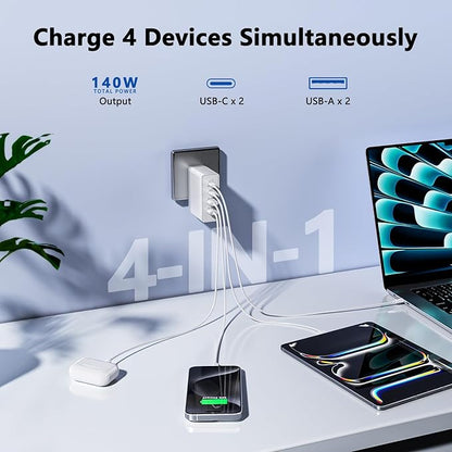 sccvee USB C Charger 140W GaN, 100W Laptop Power Adapter Fast Charger Block, 4-Port Charging Station USB C Power Adapte Compatible with MacBook Pro/Air/iPad Pro/iPhone 15/16/Galaxy S23/S24/Dell