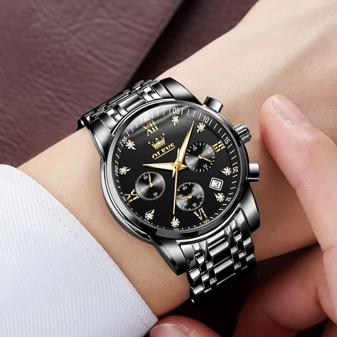 OLEVS Men's Stainless Steel Chronograph Watch, Big Face Gold Silver Black Tone Easy to Read Analog Quartz Watch, Luxury Waterproof Date Diamond Roman Arabic Numerals Dial Dress Watch for Men