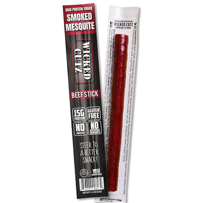 Wicked Cutz Smoked Mesquite Beef Sticks, 15g Protein Per Beef Stick, Tender & Juicy Extra Large Meat Stick, USA Made High Protein Meat Sticks, Carnivore Snacks (12 Pack)