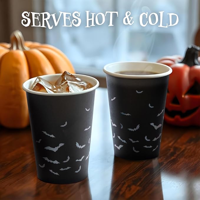 Halloween Disposable Paper Party Cups, Bulk 50 Pack, Leak-Resistant, 12 oz Hot and Cold Cups for Restaurants and Parties, Bats, Black & Silver