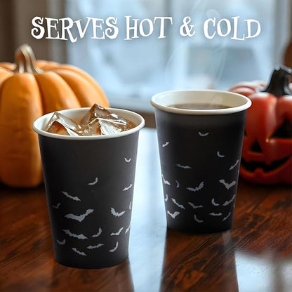 Halloween Disposable Paper Party Cups, Bulk 50 Pack, Leak-Resistant, 12 oz Hot and Cold Cups for Restaurants and Parties, Bats, Black & Silver