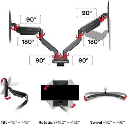 Pixio PS2D Ultrawide Heavy-Duty Premium Dual Monitor Arm Stand Desk Mount - Fits up to 35 inches Two Monitors, Weights up to 33 lbs Each, Height Adjustable, Compatible with VESA 75x75mm 100x100mm
